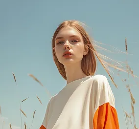 Young woman wearing white and orange top standing outdoors with blue sky and tall grass behind her.