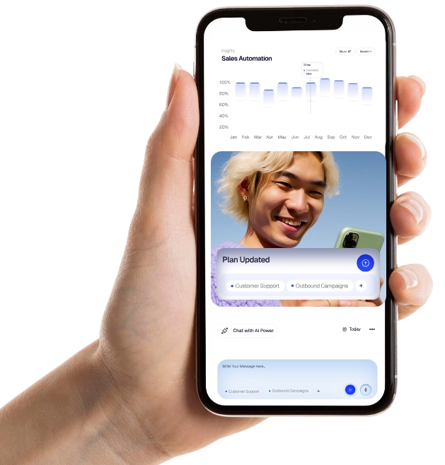 Hand holding phone showing sales automation chart and a smiling person with plan update message.