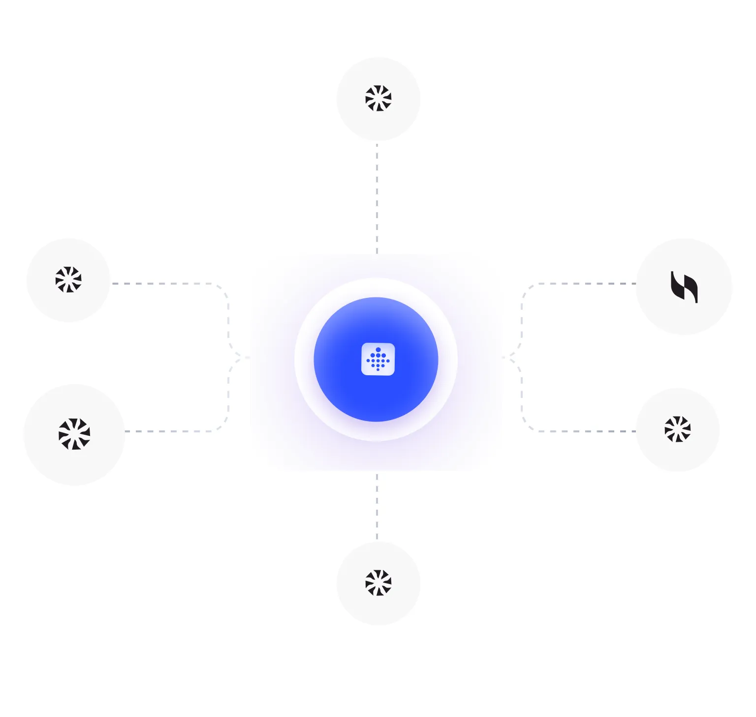 Central blue circle with a Fitbit logo connected by dotted lines to six surrounding circles with abstract icons.