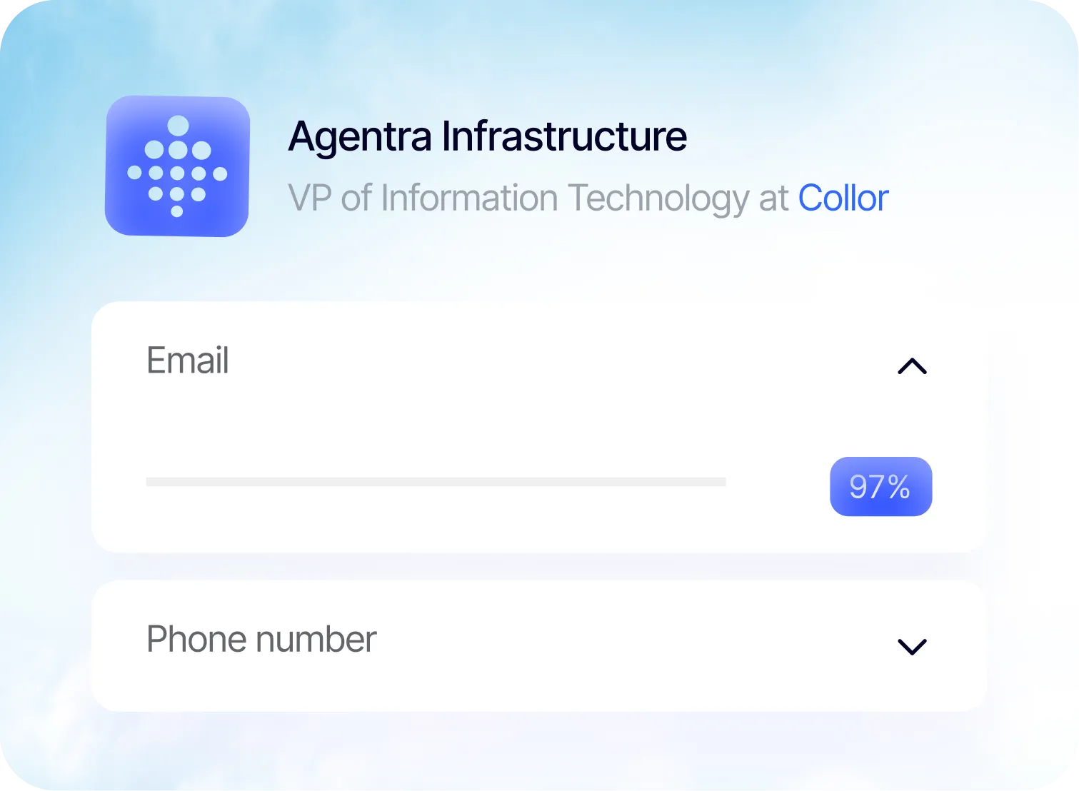 Profile card for Agentra Infrastructure, VP of Information Technology at Collor with email 97% complete.