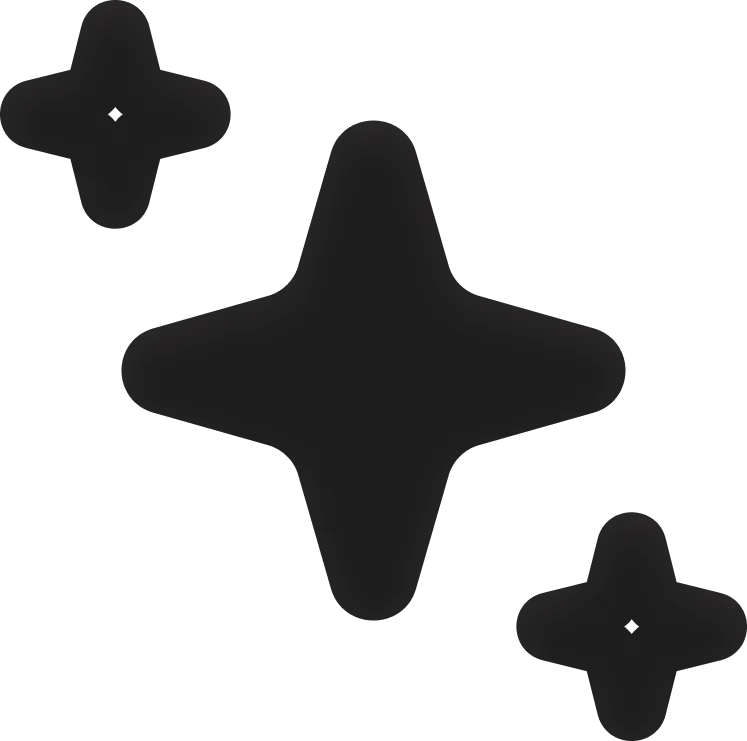 Three black star sparkle shapes with rounded points on a transparent background.