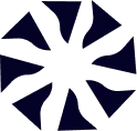 Black circular pinwheel with eight wide, curved blades on a white background.