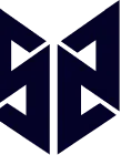Symmetrical geometric logo with interconnected dark blue shapes forming an abstract design.