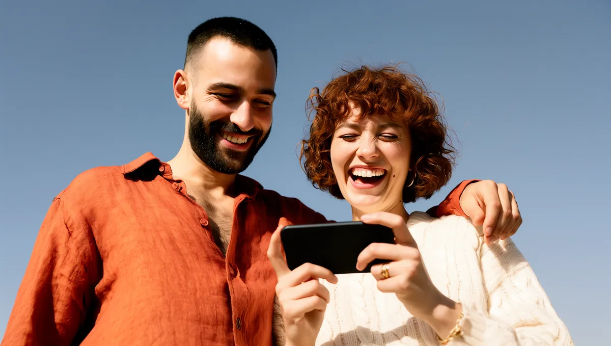Smiling man and woman looking at a smartphone together against a clear blue sky.
