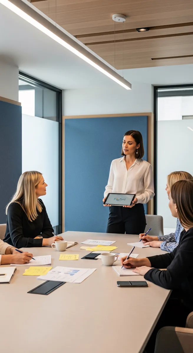 Woman presenting data on tablet to colleagues seated around a conference table in modern meeting room.