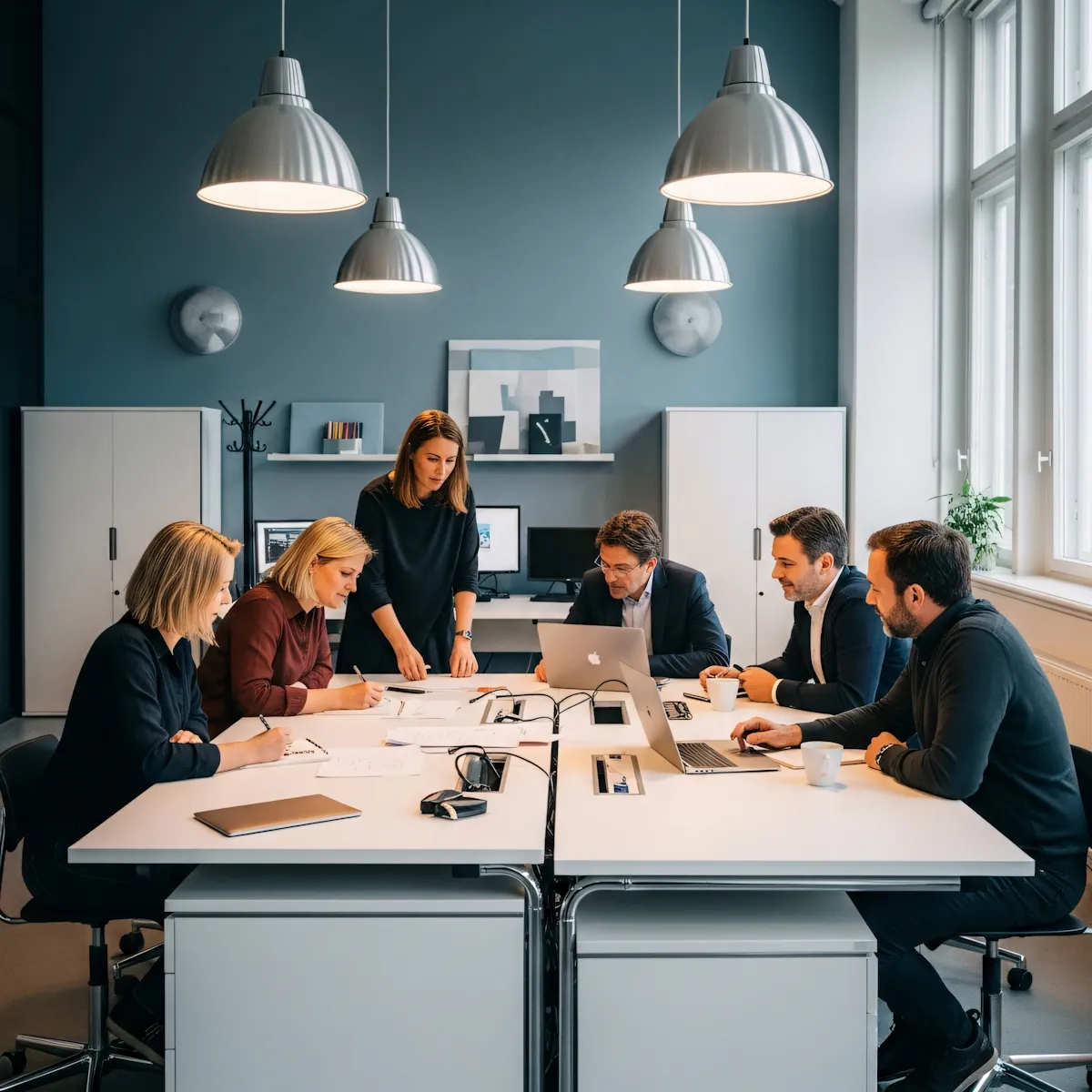 Six colleagues collaborating around a table with laptops and papers in a modern office.