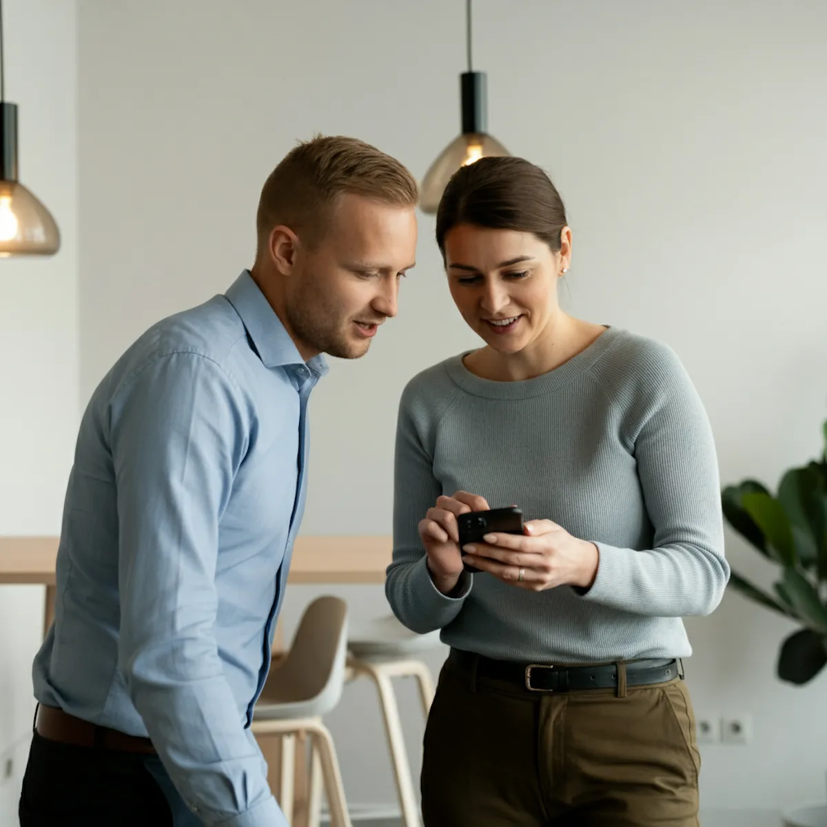 Two colleagues look at a smartphone together in a modern office with pendant lights.