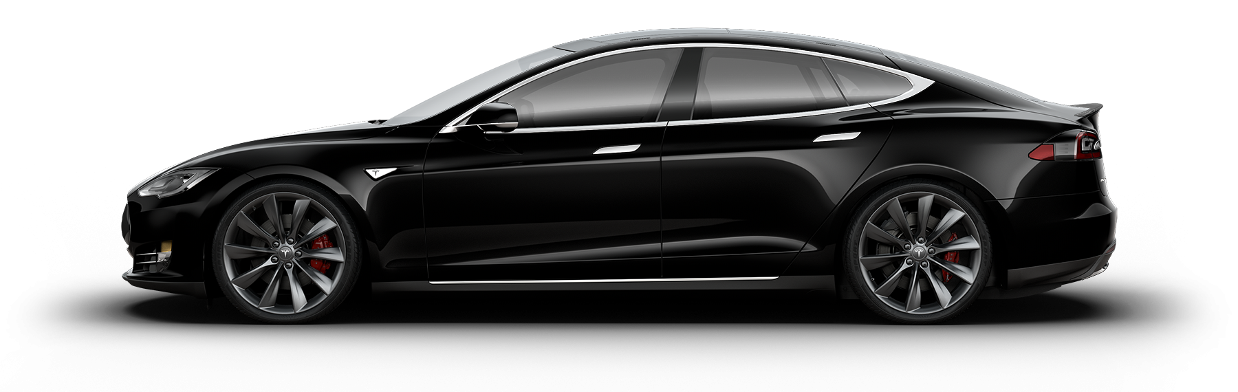 Side view of a sleek black Tesla Model S electric sedan with tinted windows and silver trim.