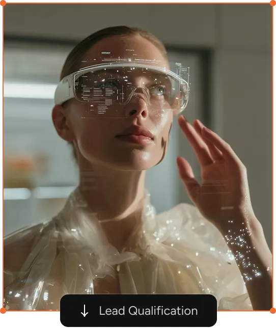 Woman wearing augmented reality glasses displaying data overlays