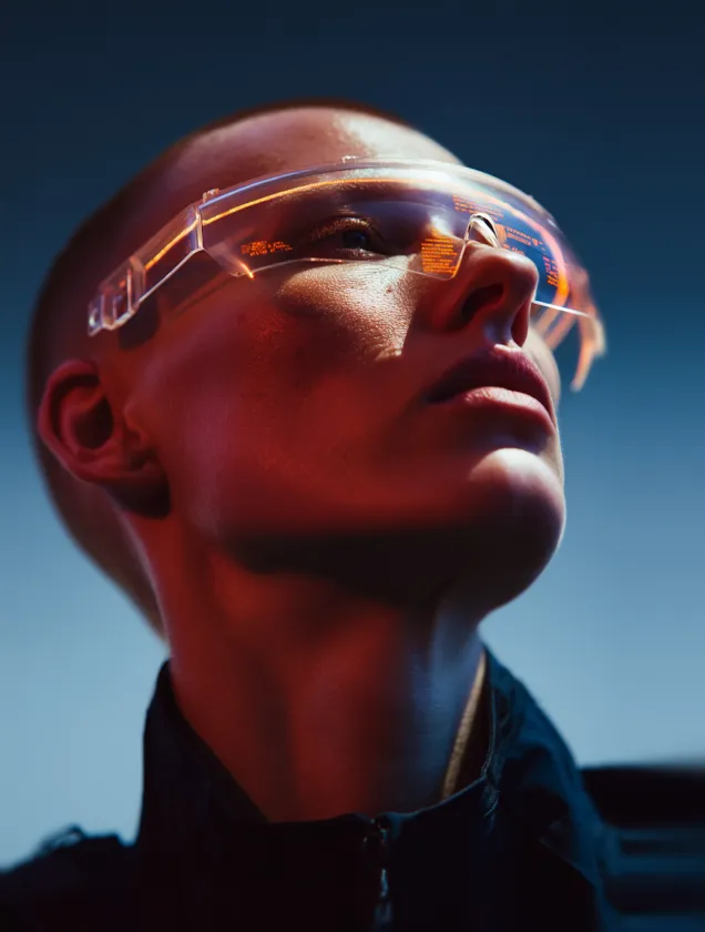 Person looking upward wearing glasses that reflect glowing data