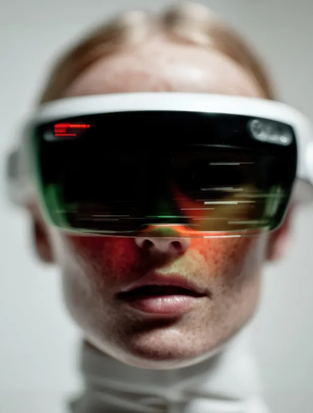 Close up of a person wearing a wide reflective smart visor