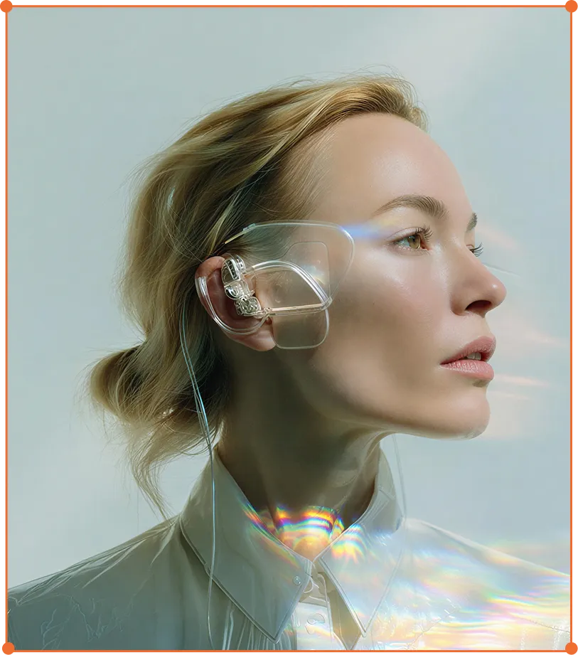 Profile of a woman wearing a transparent, high-tech hearing device with light reflections.