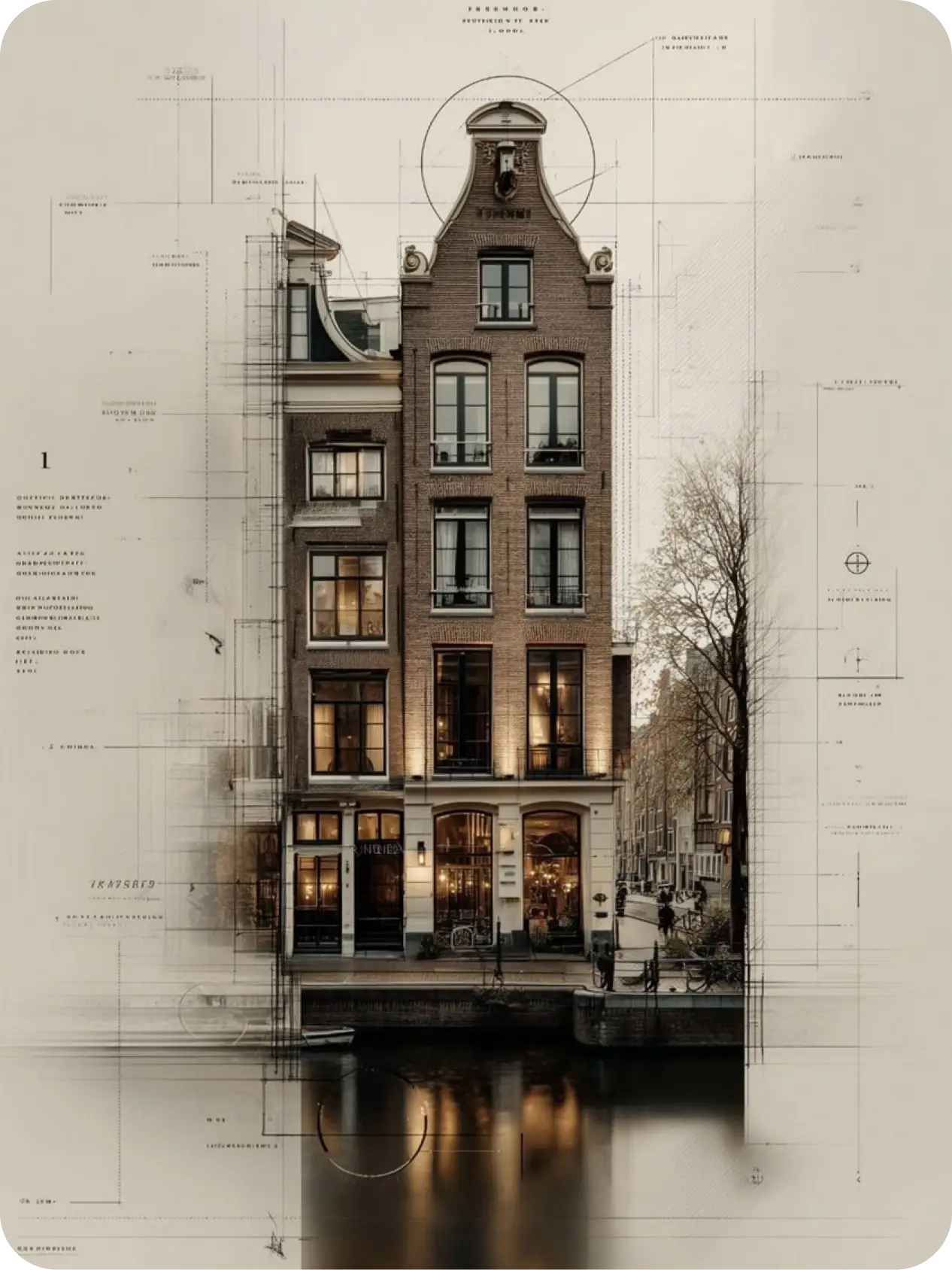An architectural illustration of a traditional Amsterdam canal house seamlessly fading into overlayed blueprint sketch lines, technical measurements, and a canal reflection on an off-white background.