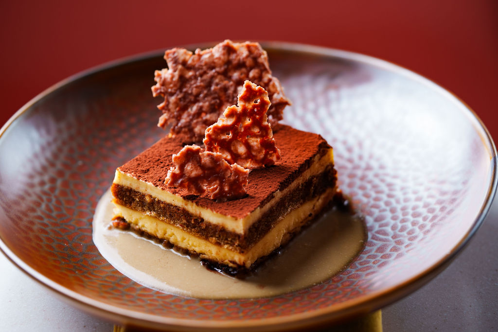 Square layered dessert with cocoa powder and crispy chocolate garnish on a patterned plate.