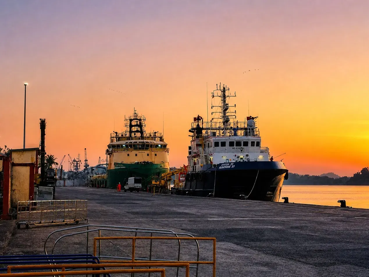 Maritime operations at Andaman port during sunset