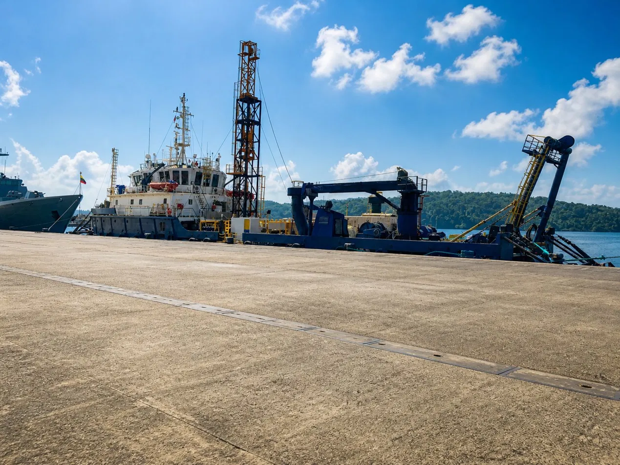 Service vessel and maintenance equipment docked at Port Blair harbour
