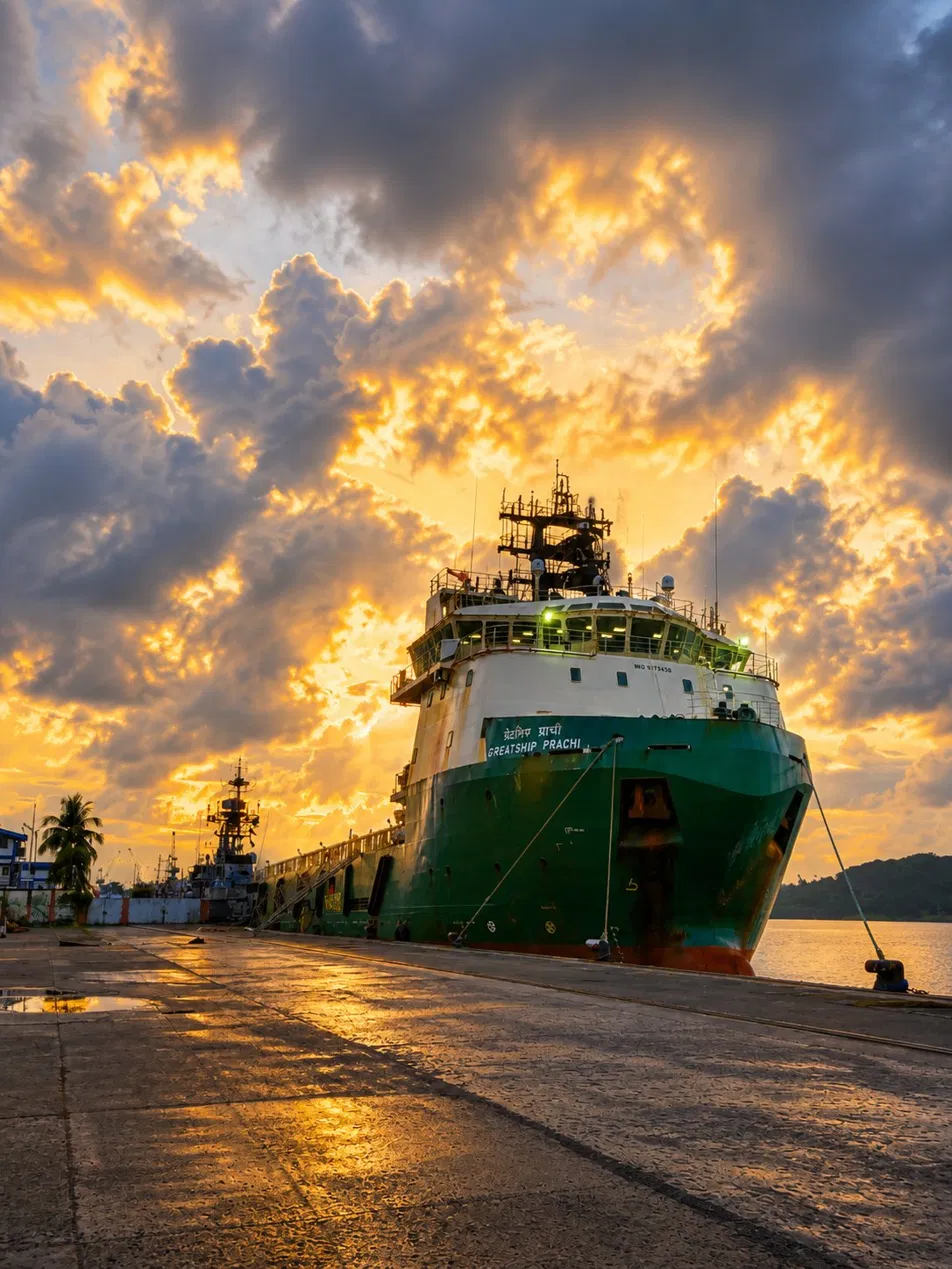 Offshore support vessel berthed at Port Blair during sunset operations