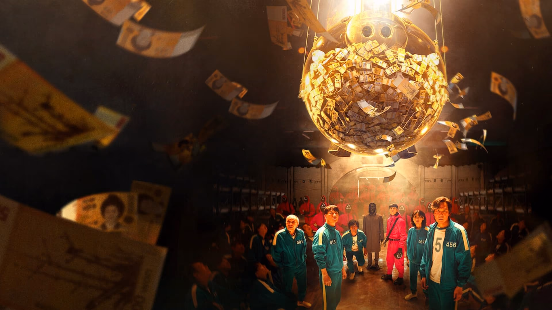 Image de la série Squid Game avec des billets qui tombent du ciel et les joueurs en fond. Panache