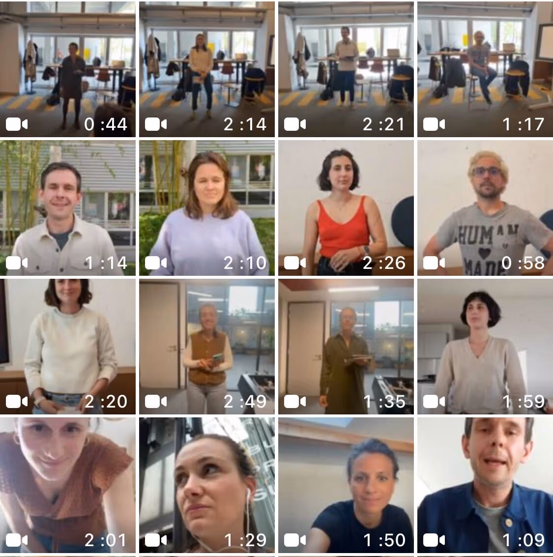 Image des différentes vidéos des futurs porte-parole d’HelloAsso pour s’entraîner à la prise de parole.