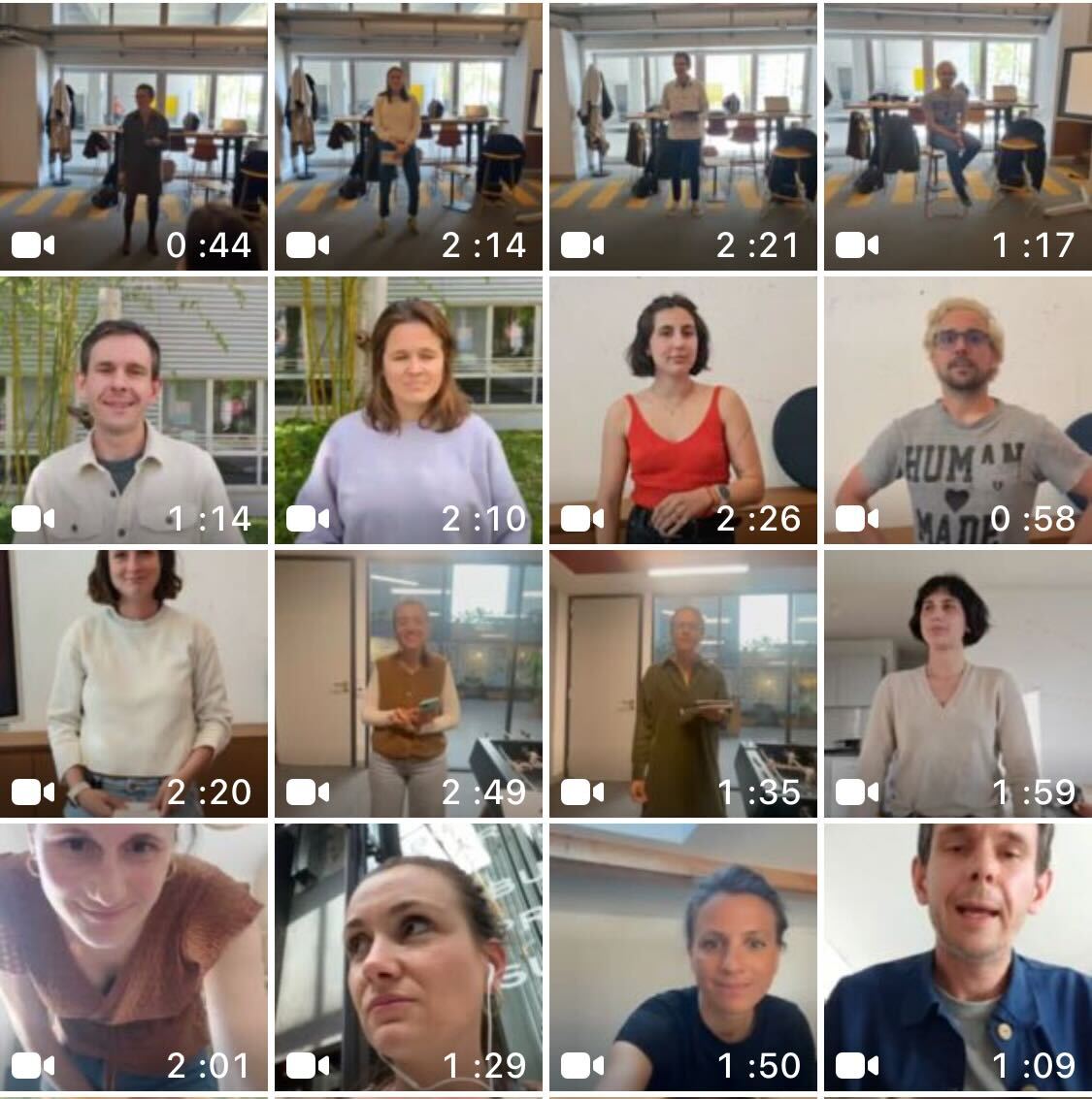Image des différentes vidéos des futurs porte-parole d’HelloAsso pour s’entraîner à la prise de parole.