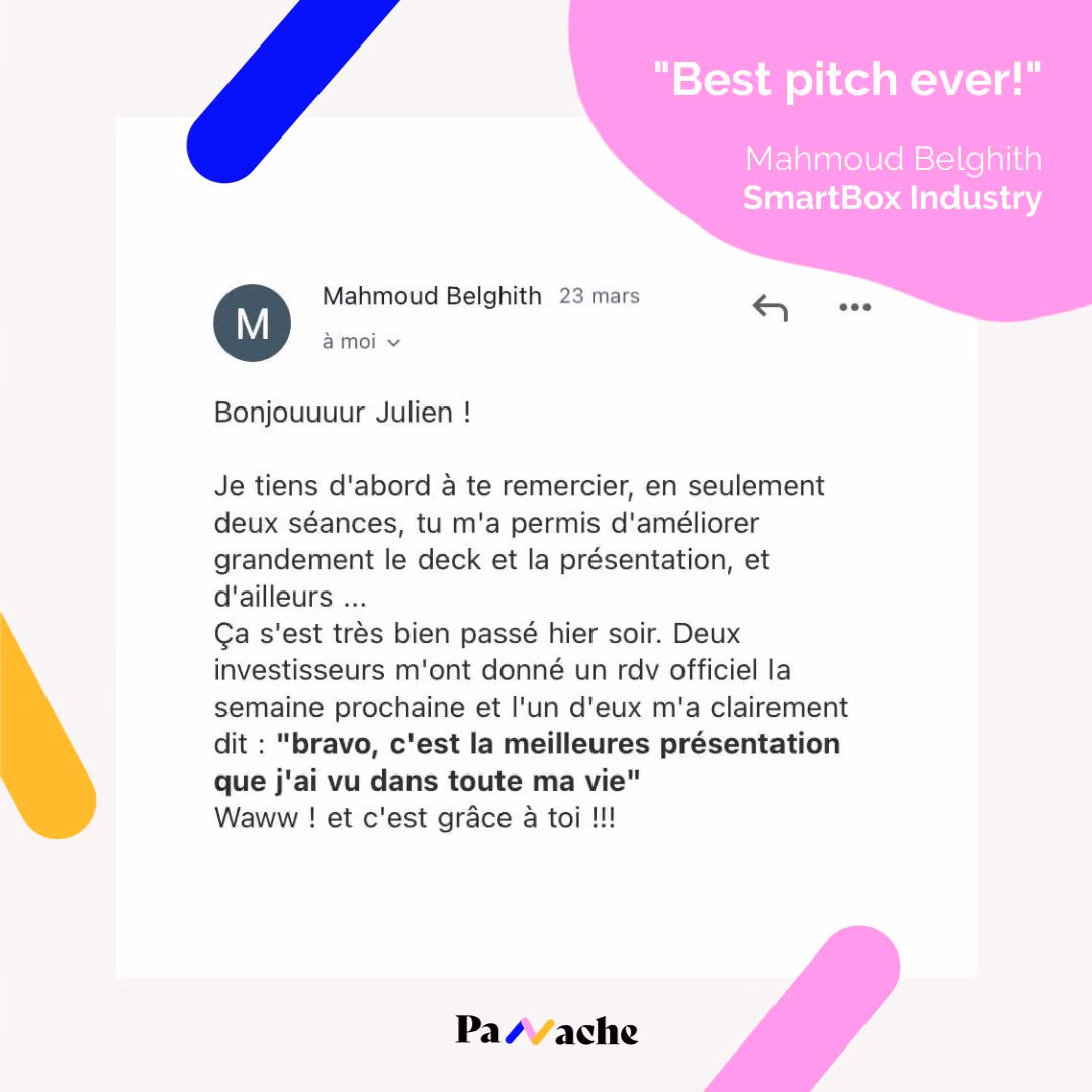 Avis client de Mahmoud, fondateur de SmartBox Industry pour sa formation Panache, visant à obtenir un pitch convaincant et percutant.