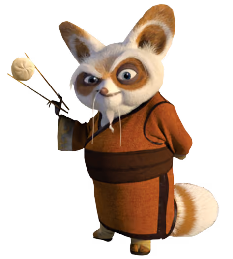 Un personnage de dessin animé, Maître Shifu, tenant des baguettes et une boule de riz, symbolisant sagesse et maîtrise dans Kung Fu Panda.