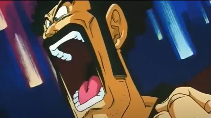 Hercule dans Dragon Ball Z, bouche ouverte en discours animé, rassemble les terriens qui s'élèvent ensemble. Panache