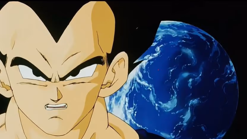 Vegeta en premier plan, avec la Terre en arrière-plan. Son regard est intense et déterminé, affichant une forte volonté de convaincre et une détermination implacable. Panache