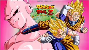 Majin Buu menace en arrière-plan, tandis que Goku et Vegeta, en Super Saiyans, se préparent pour une bataille intense dans Dragon Ball Z. Une scène pleine de puissance et de détermination. Panache