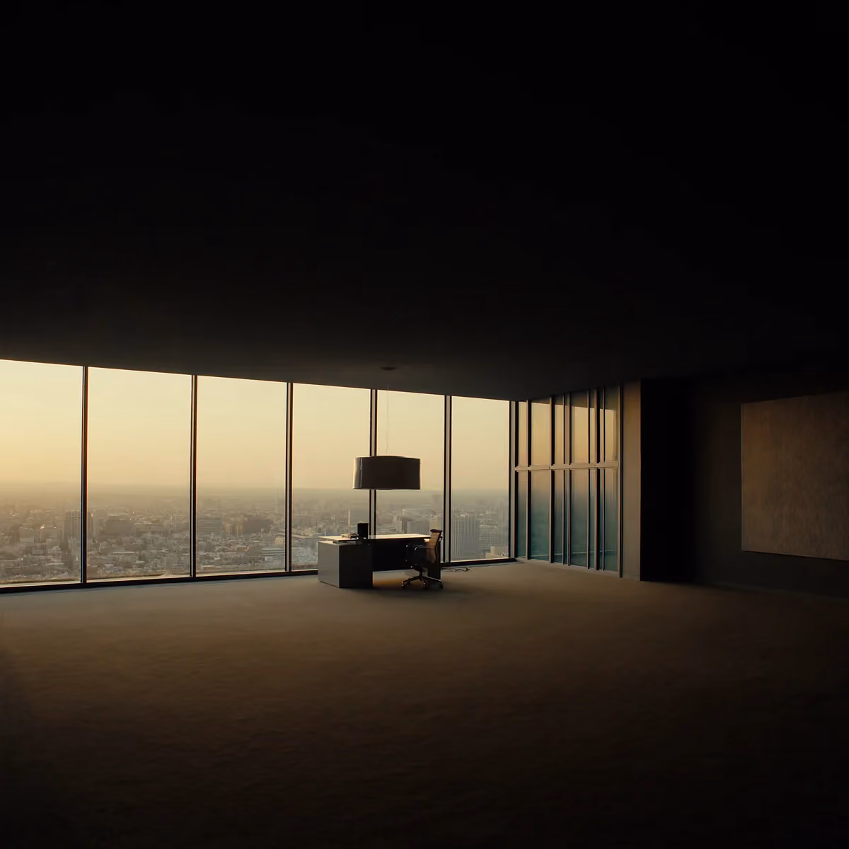 A lone desk by floor-to-ceiling windows above a city at dawn