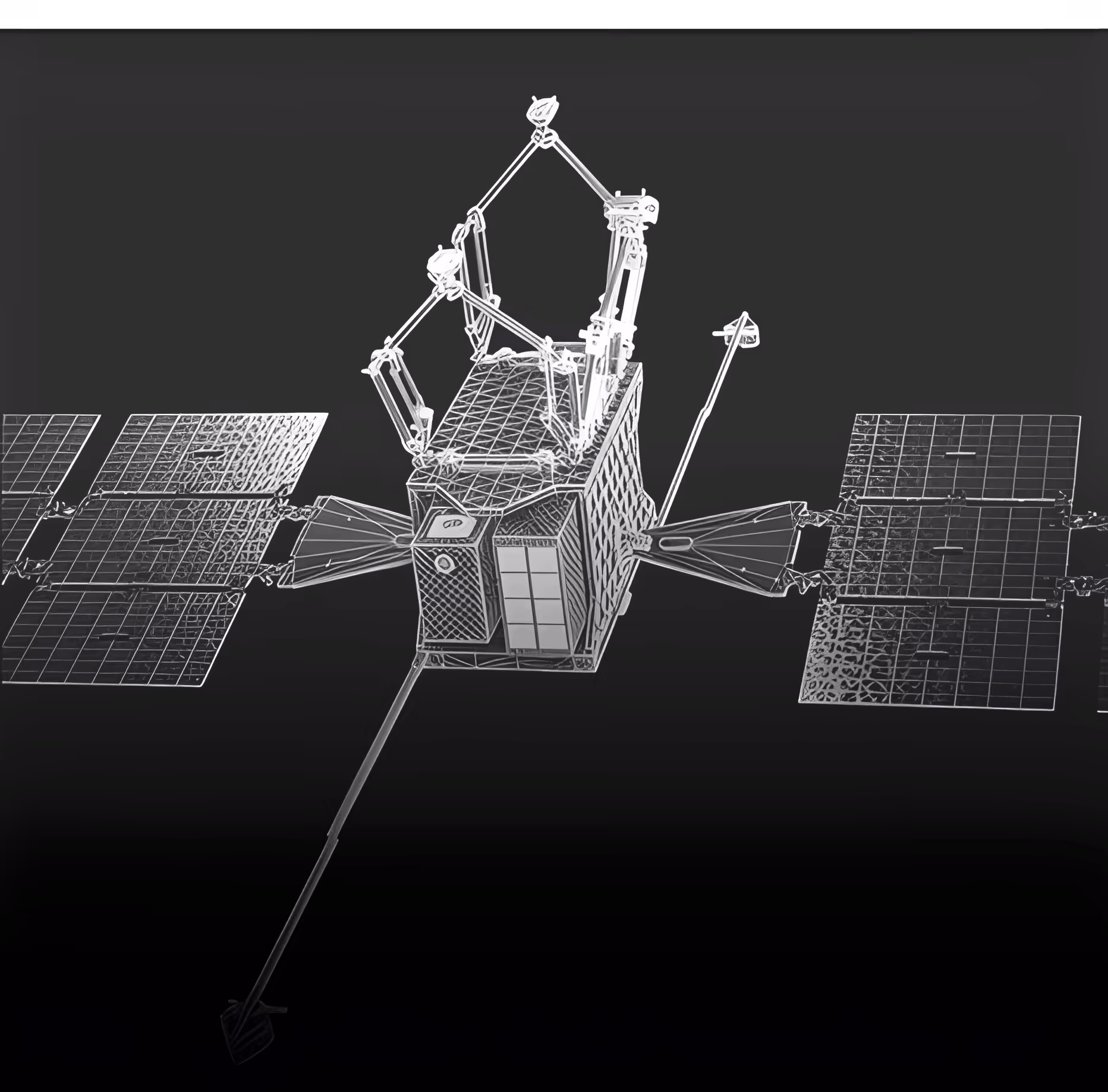 Satellite with solar panels and various antennas floating in black space.