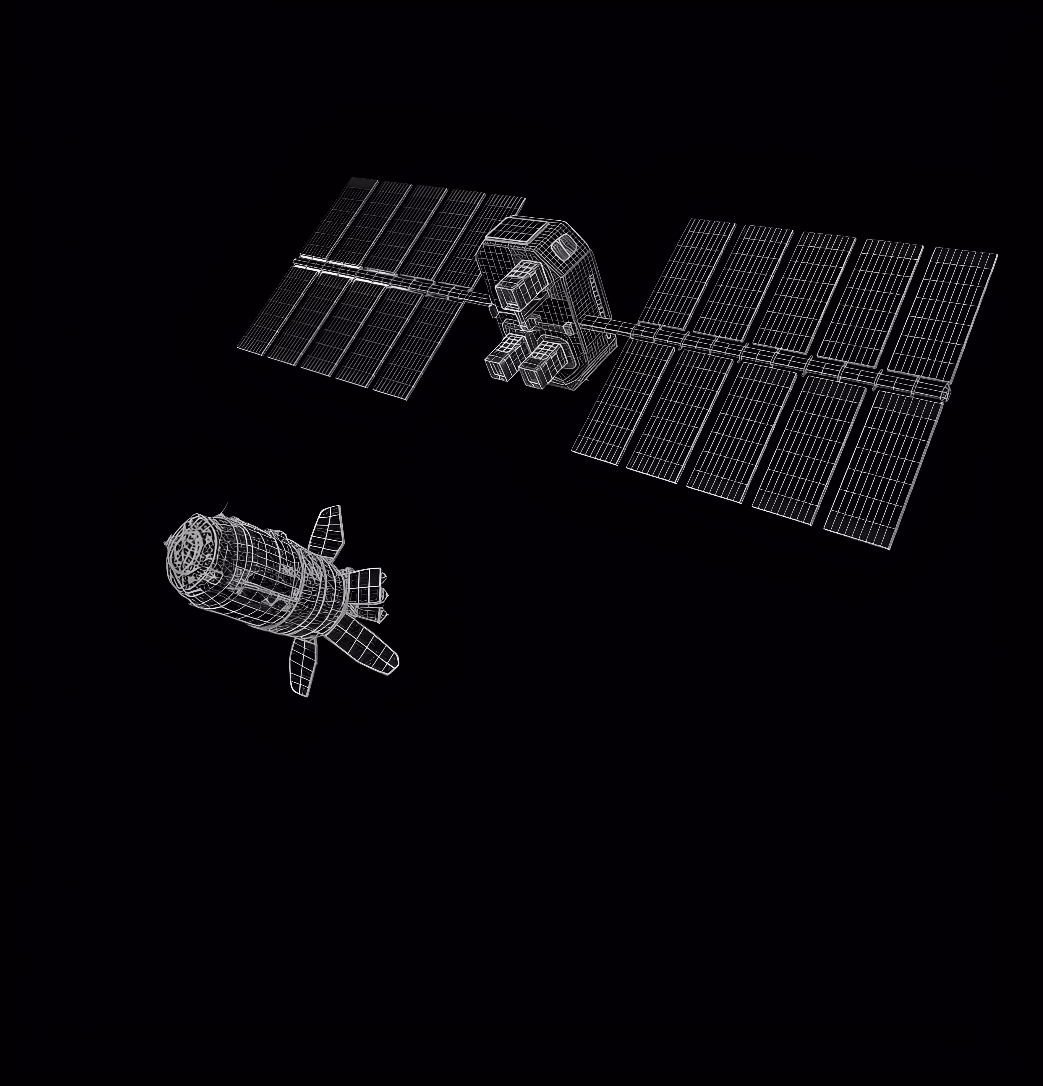 Wireframe model of a satellite with large solar panels and a connected module in space.