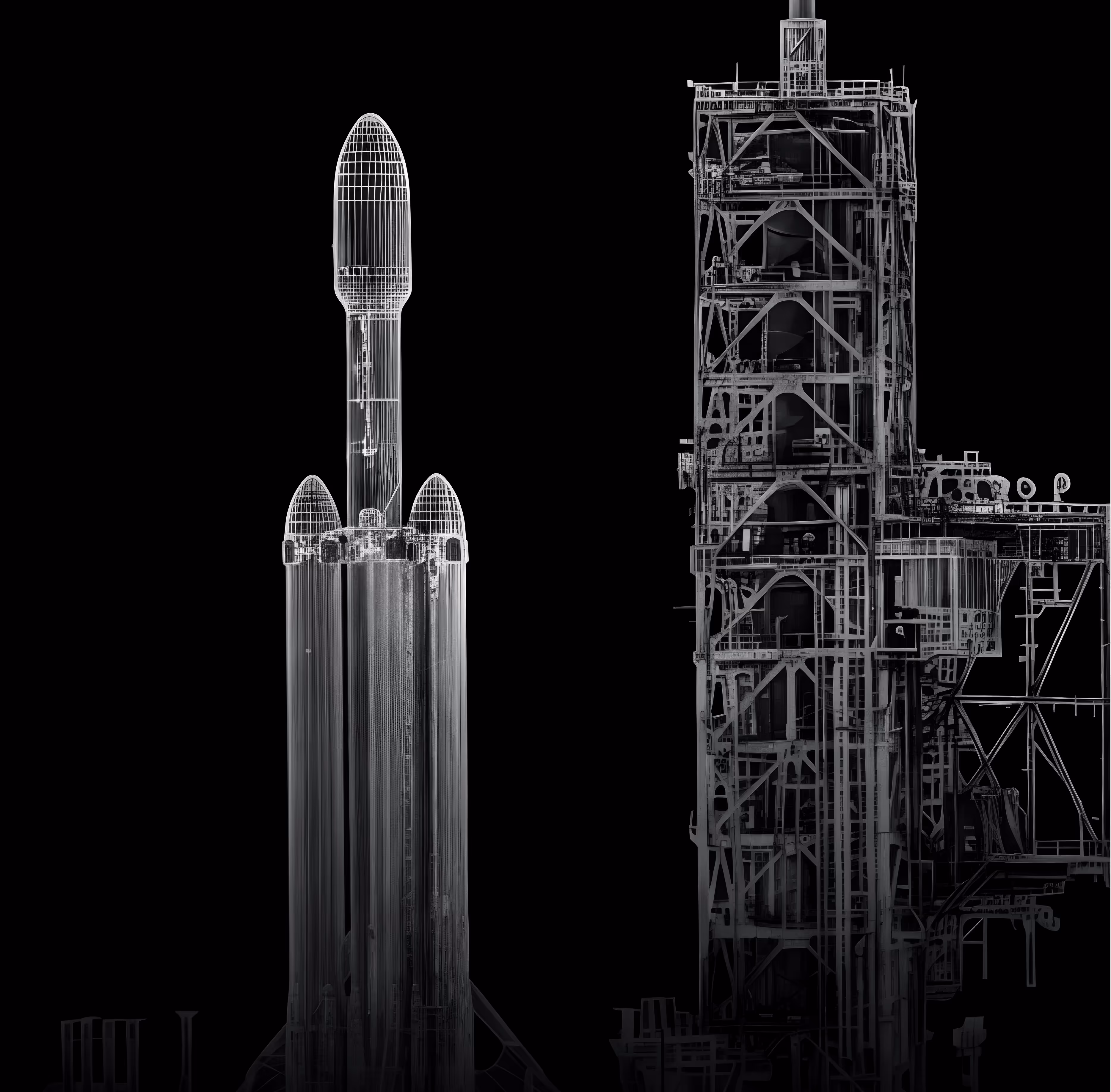 X-ray style image of a rocket and launch tower showing internal structure on black background.