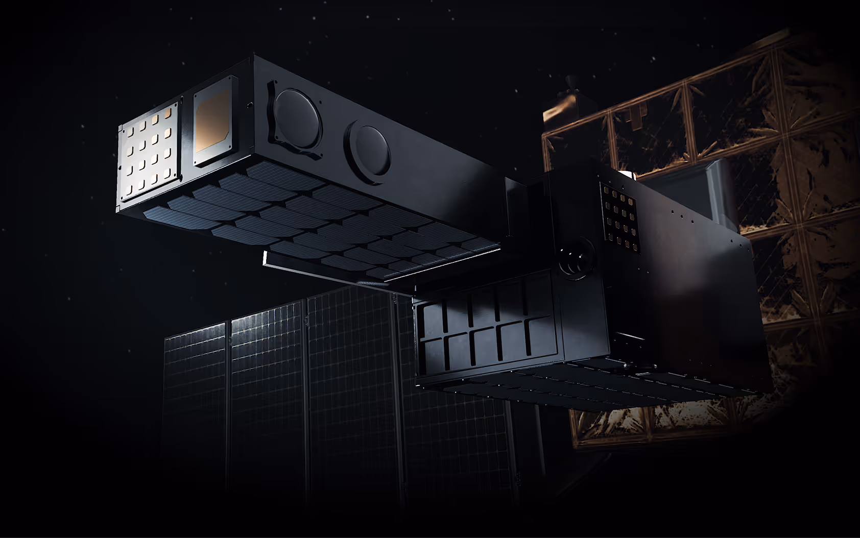 A 3D render of SHIELD in space.