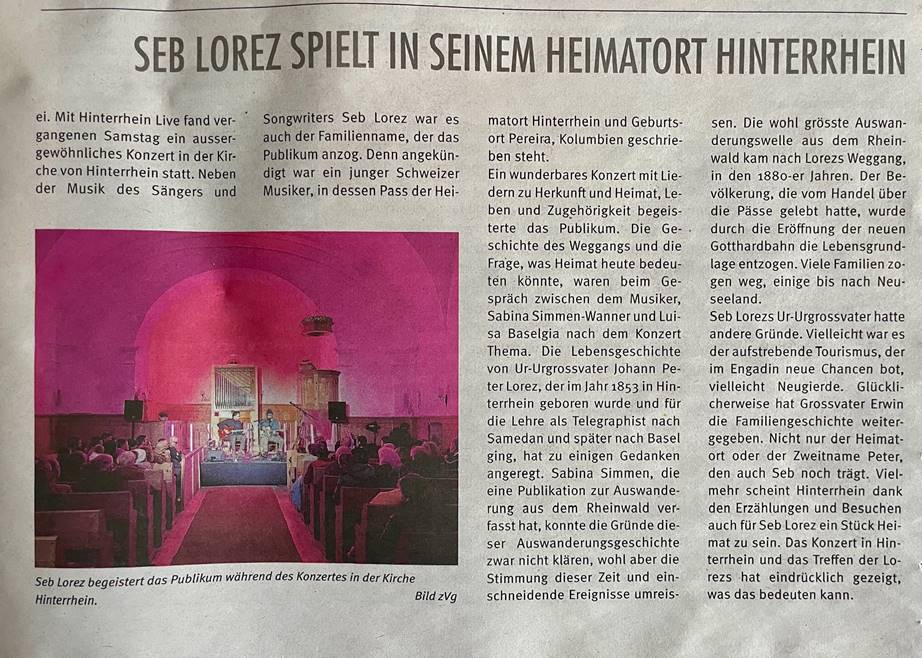 Pressebeitrag im Pöschtli über Seb Lorez, Hinterrhein, Live #1