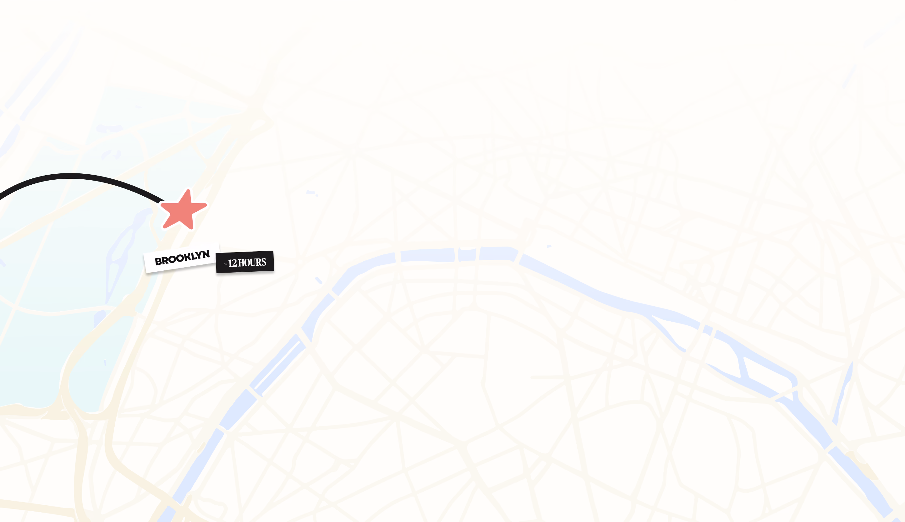 Map segment highlighting Brooklyn with a pink star and a label indicating travel time of 12 hours.