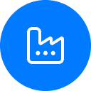 White factory building icon inside a blue circular background.