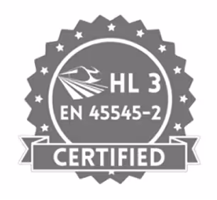 Certification badge with text HL 3 EN 45545-2 and a banner reading CERTIFIED.