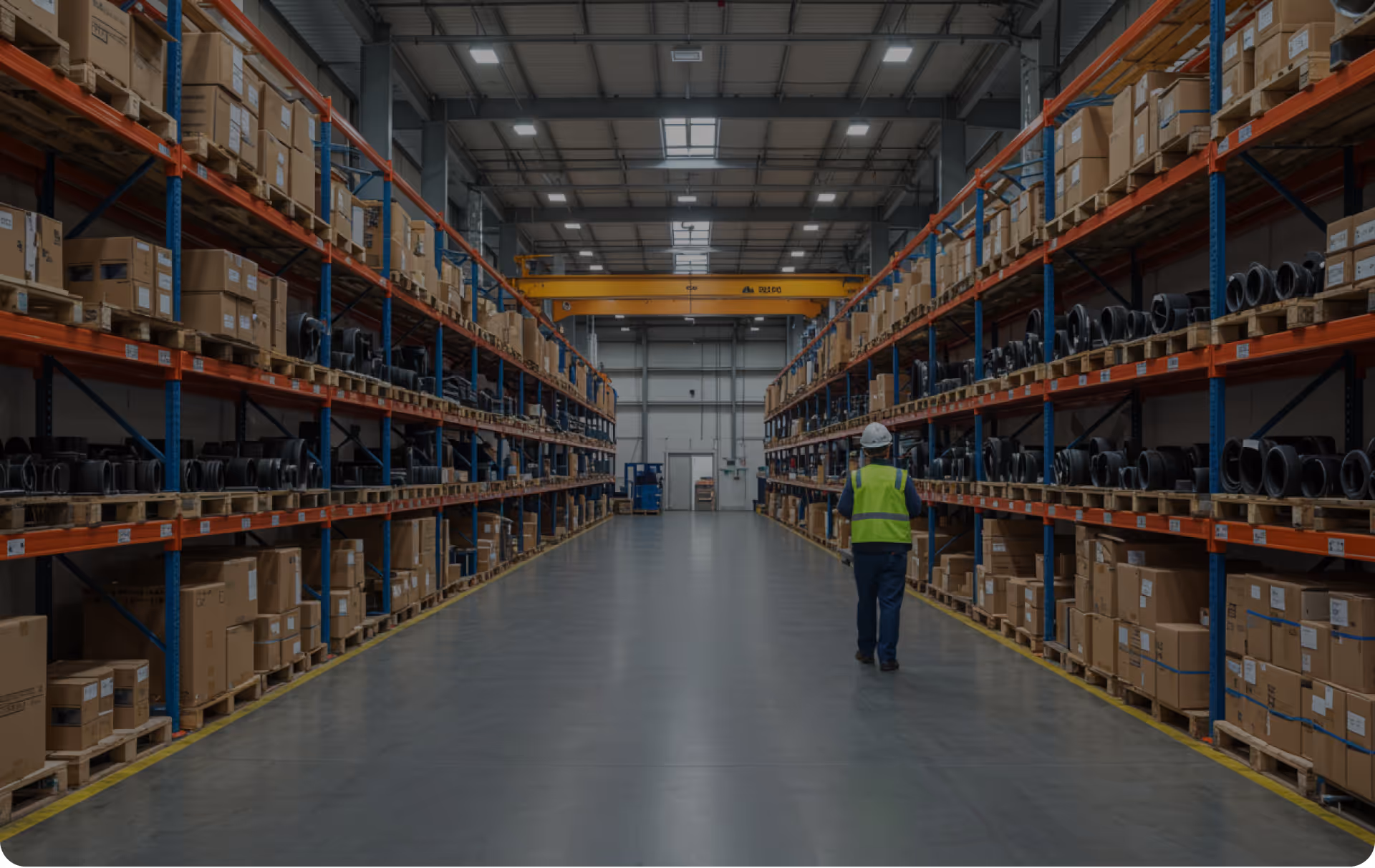 Warehouse aisle with tall shelves filled with cardboard boxes and coiled materials, and a worker in a high-visibility vest and hard hat walking down the center.