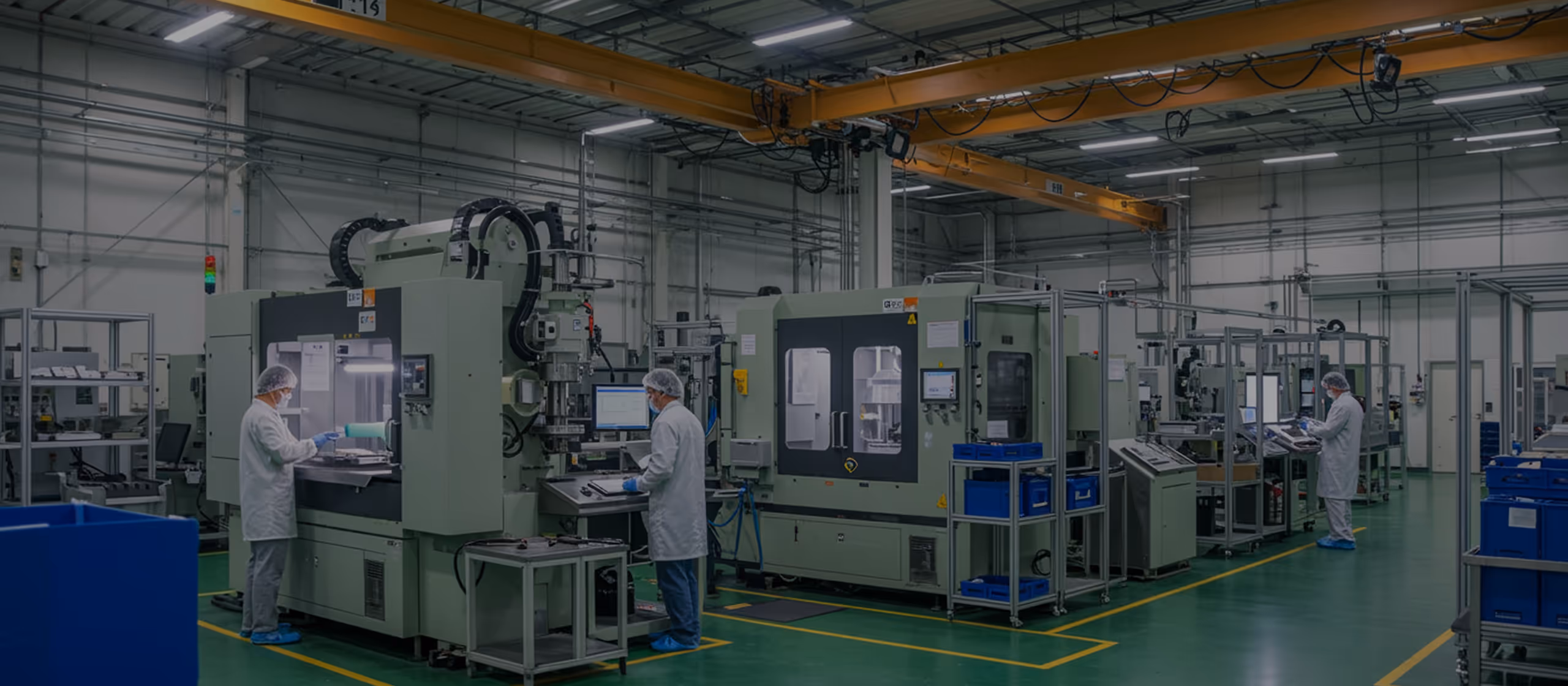 Three workers in white lab coats and hairnets operating machines in a clean, well-lit factory with green floors and yellow safety lines.