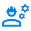 Smiling engineer wearing a hard hat with gears symbolizing engineering and technical work.