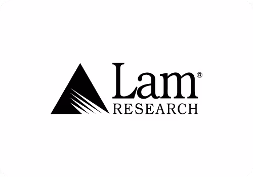 Lam Research company logo with a black triangle graphic and text on a white background.