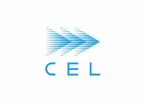 Logo with three blue, right-pointing, striped arrows above the blue letters CEL.