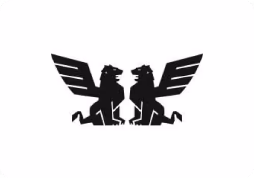 Black silhouette of two winged lions facing each other symmetrically on a white background.