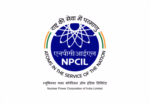 Logo of Nuclear Power Corporation of India Limited with a stylized atomic structure and text in Hindi and English stating 'Atoms in the service of the nation.'