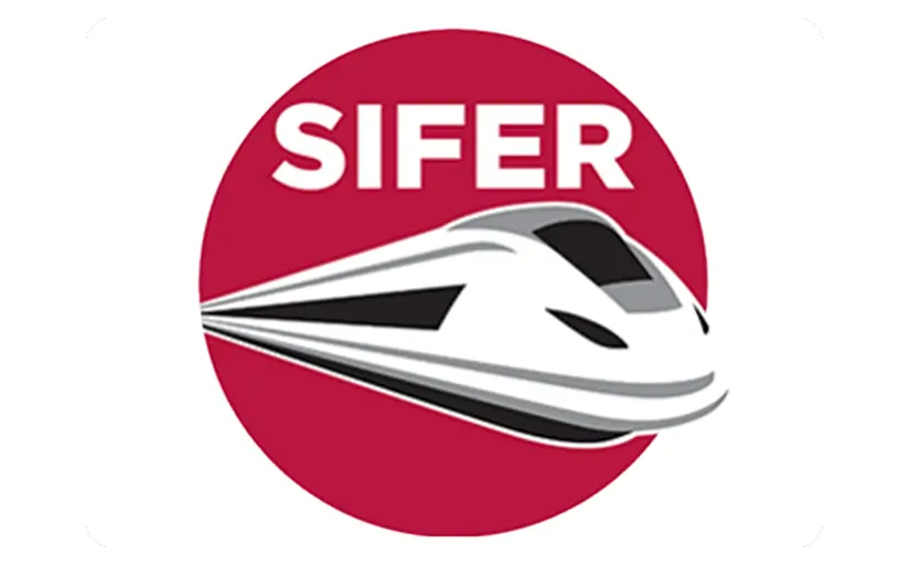 Logo with a white high-speed train and the word SIFER in bold white letters on a red circular background.