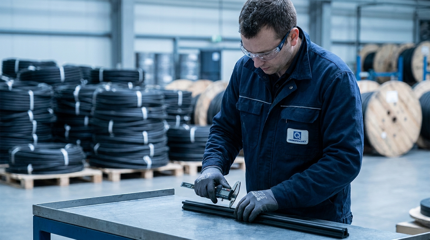 Engineer measuring an extruded rubber profile with calipers