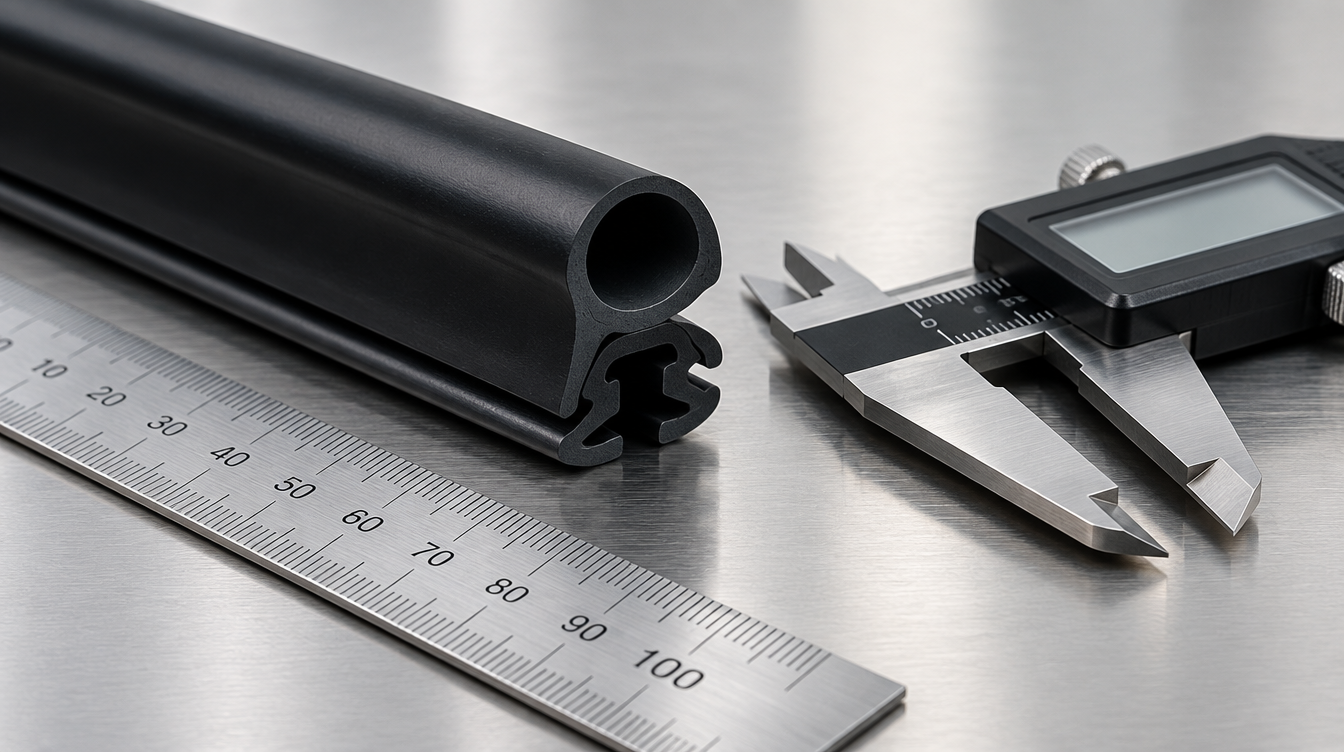 Black rubber inflatable seal profile beside a stainless steel ruler and digital calipers