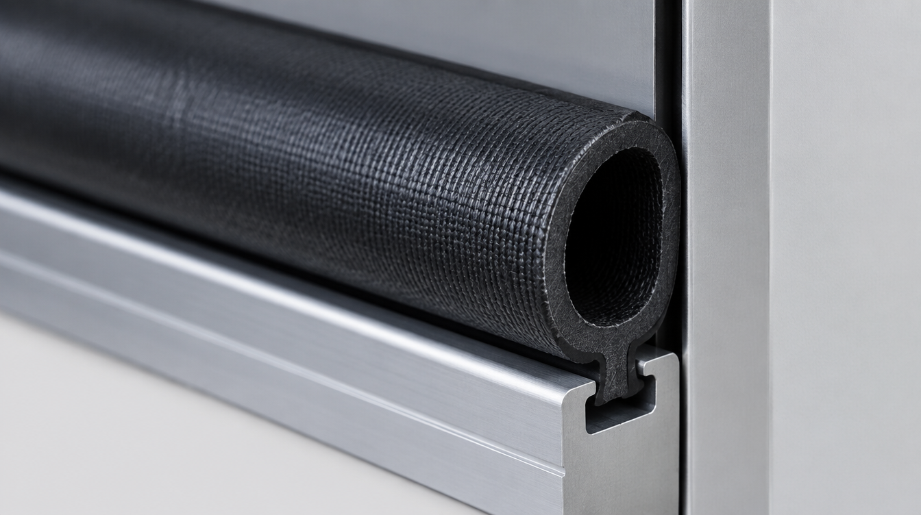 Black fabric-reinforced inflatable rubber seal tube mounted in a rail door retaining groove