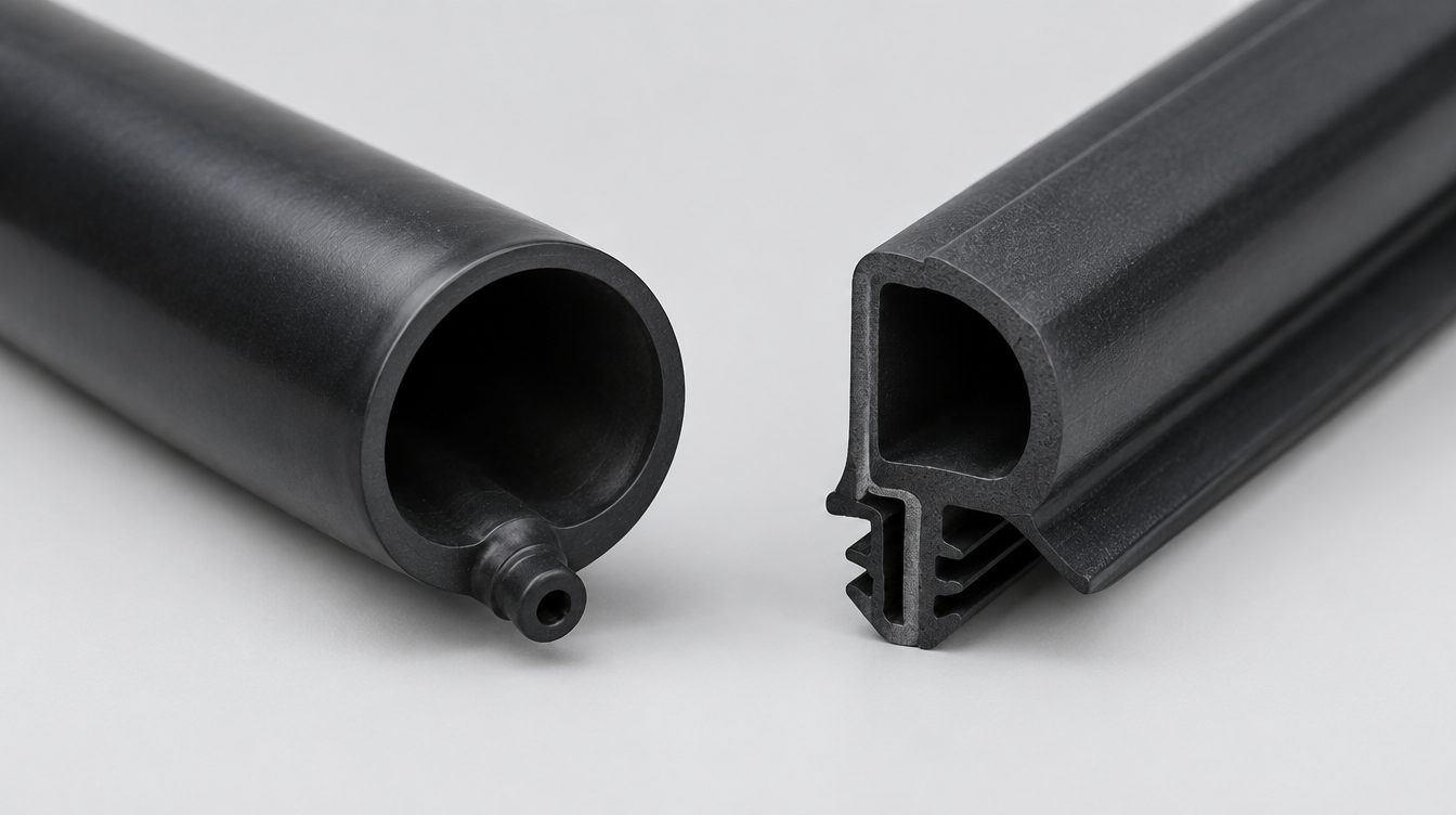 Black inflatable rubber seal tube and extruded static rubber door seal profile side by side
